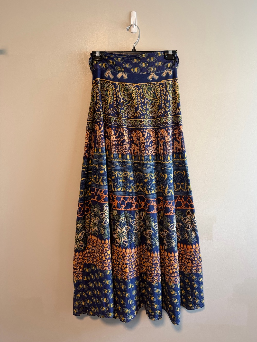 Vintage 70s Indian Block Print Wrap Maxi Skirt Boho Festival One Size